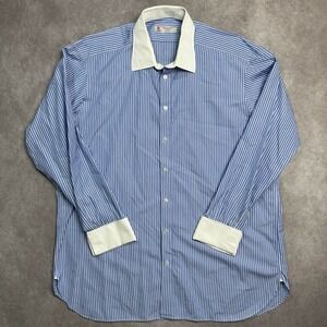 TURNBULL & ASSER Blue & White Stripes Dress Shirt White Collar & Cuffs 18 x 46cm